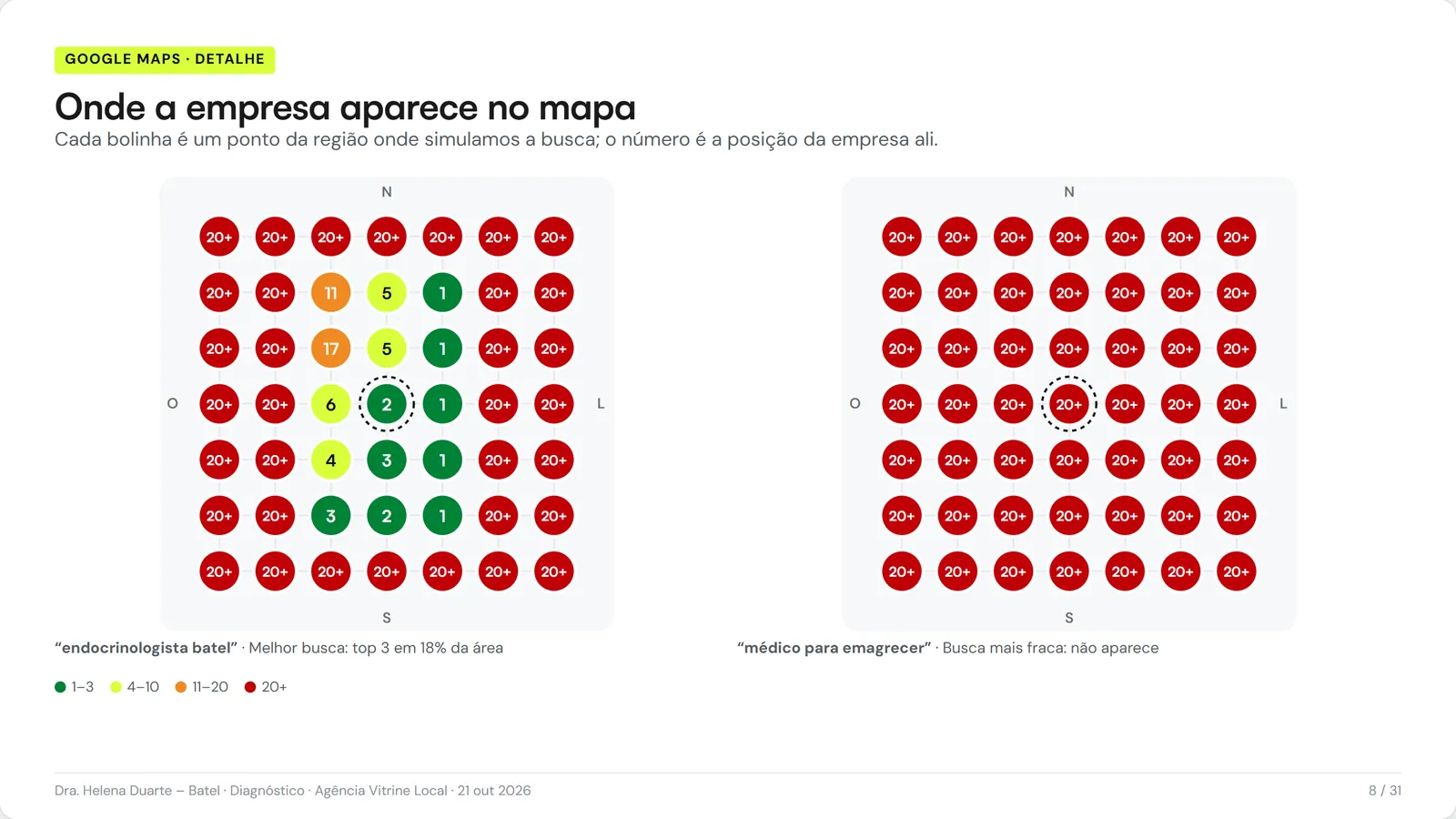 Slide do relatório com dois mapas: a busca mais forte e a mais fraca da ficha