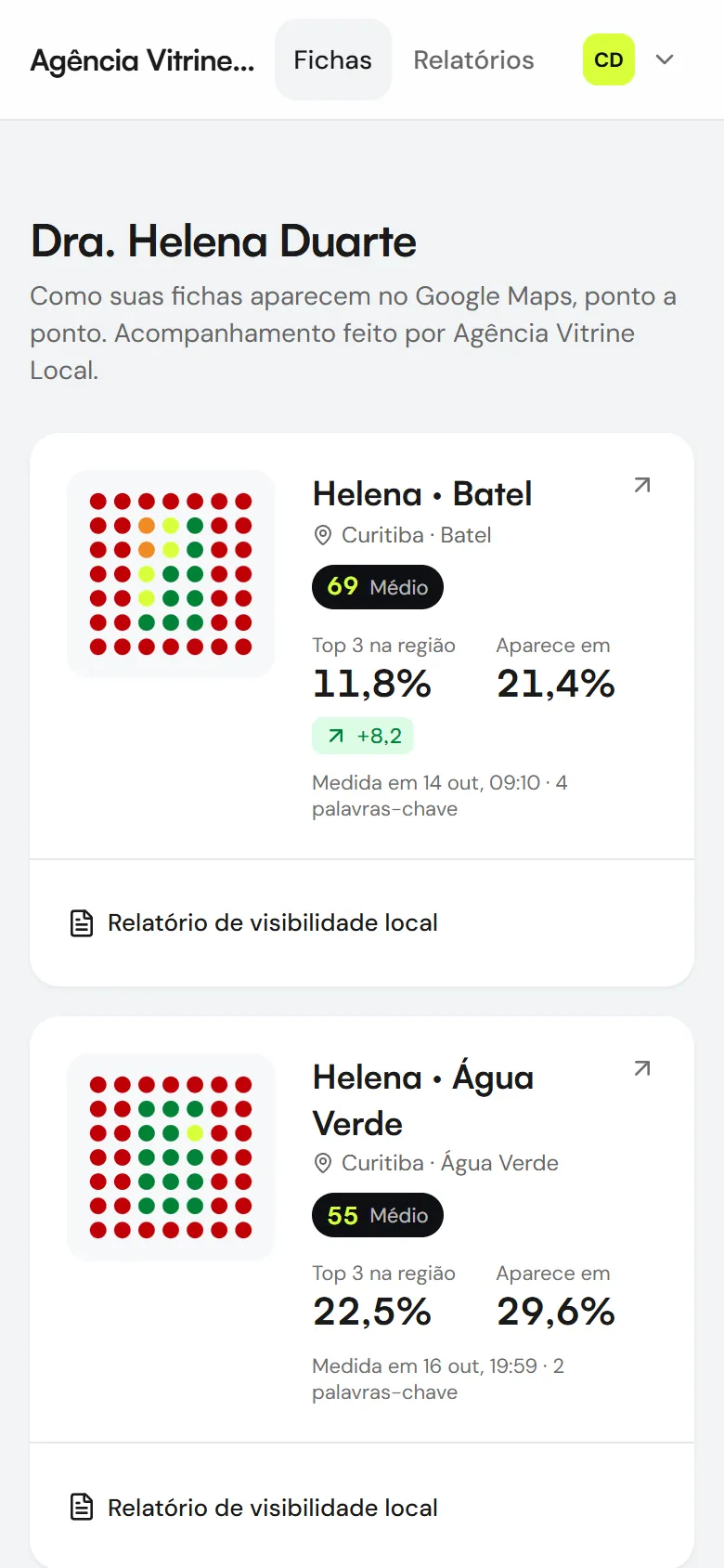 Portal do cliente no celular, com o logo da agência, as fichas e o Ranqal Score
