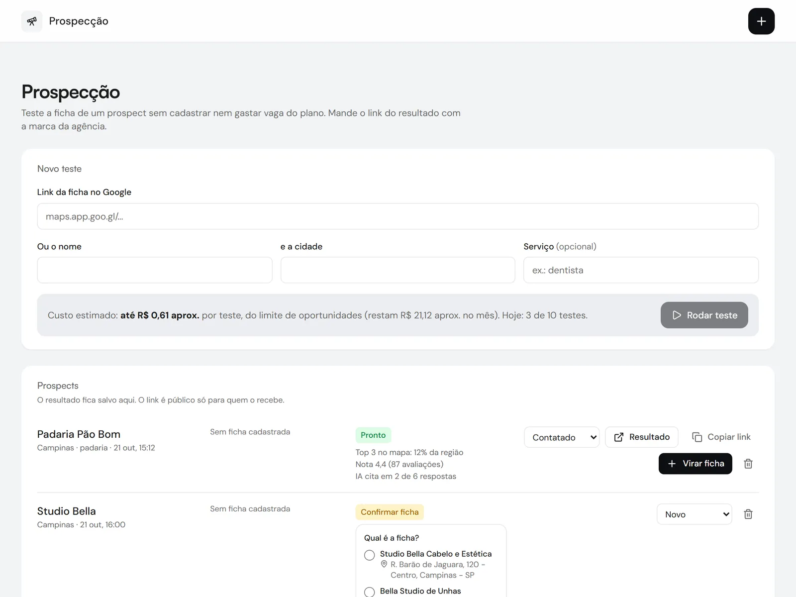 Tela de prospecção: teste de fichas de possíveis clientes, com o resultado e o link para enviar